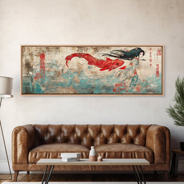 Red Koi Mermaid Wall Art, Asian Fantasy Canvas Print, Japanese Wall Decor, Whimsical Art, Bedroom Decor, Gift For Her, Home Decor