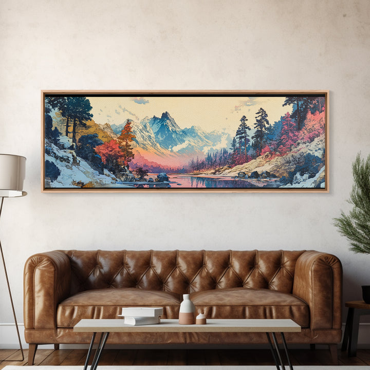 Snowy Mountain River Framed Canvas Print, Japanese Landscape Wall Art, Nature Wall Decor, Cabin Decor, Housewarming Gift