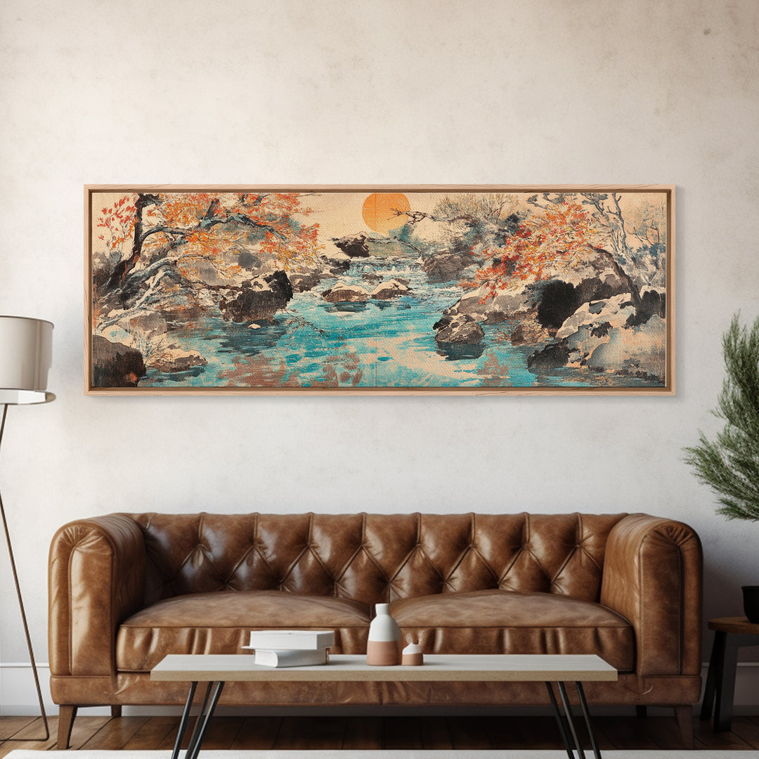 Autumn River Rocks Wall Art, Japanese Landscape Canvas Print, Nature Wall Decor, Rustic Home Decor, Calming Living Room Art