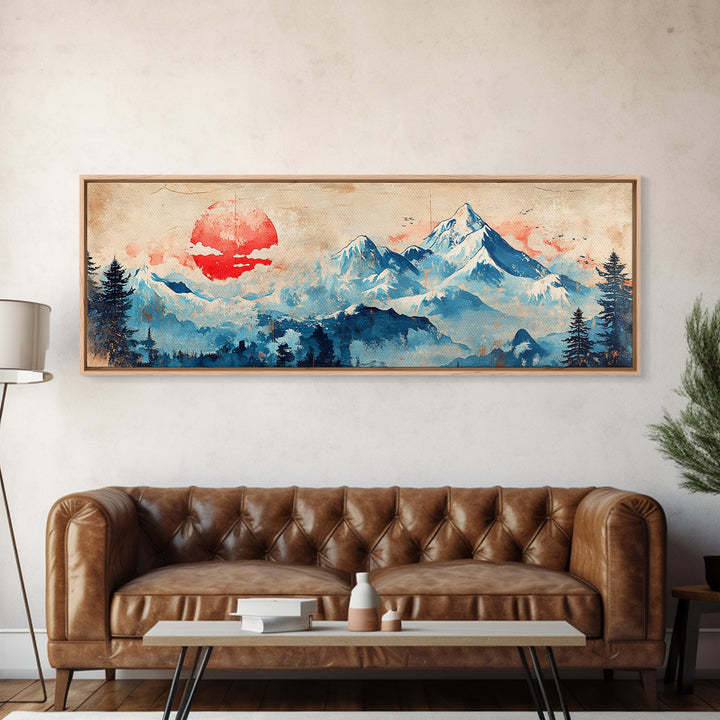 Blue Snowy Mountains And Red Sun Wall Art, Japanese Landscape Canvas Print, Minimalist Decor, Above Bed Art, Home Decor Print