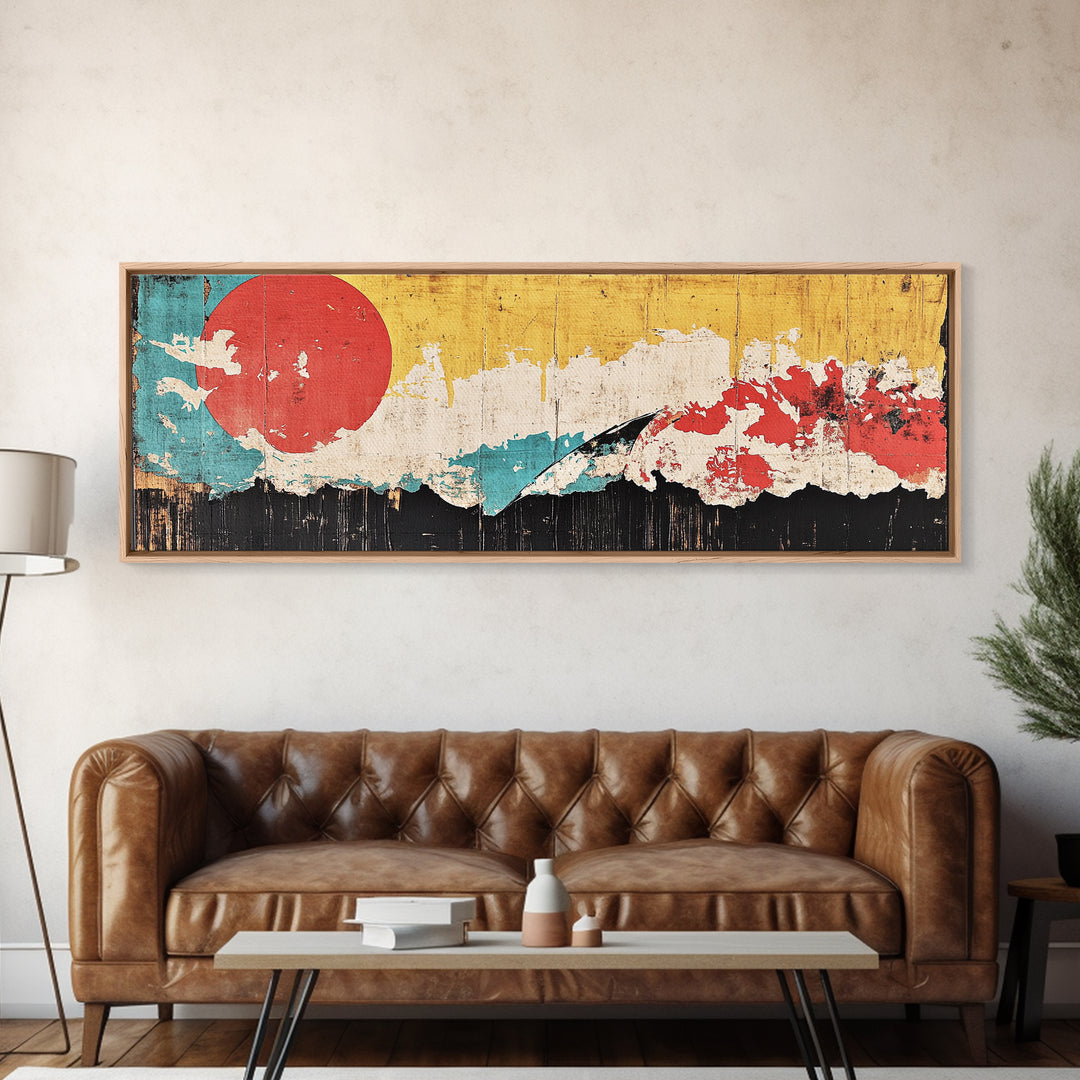 Abstract Red Sun Mountain Wall Art, Japanese Minimalist Canvas Print, Modern Wall Decor, Mid Century Decor, Large Wall Art