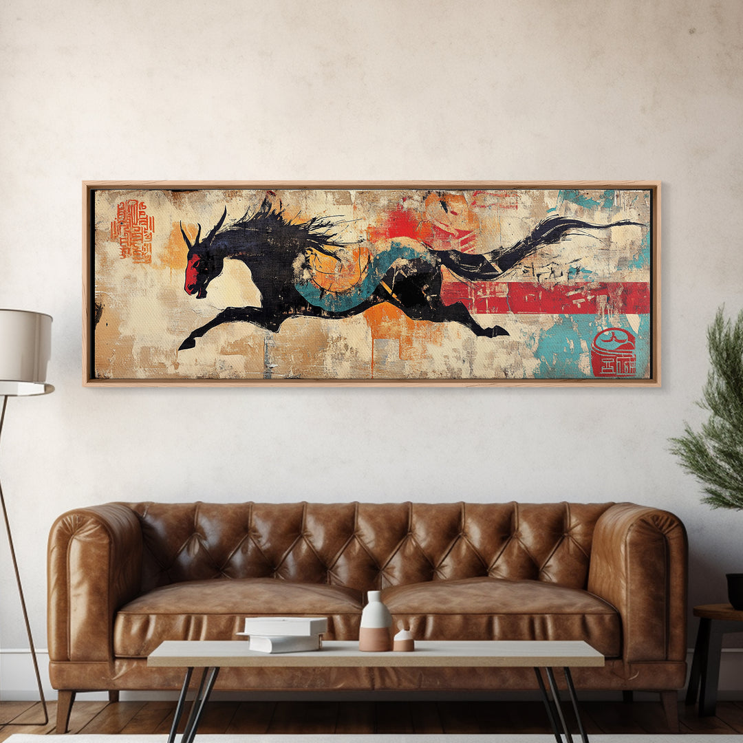 Black Dragon Horse Wall Art, Asian Fantasy Canvas Print, Japanese Decor, Mythical Creature Art, Bold Wall Decor, Gift For Him