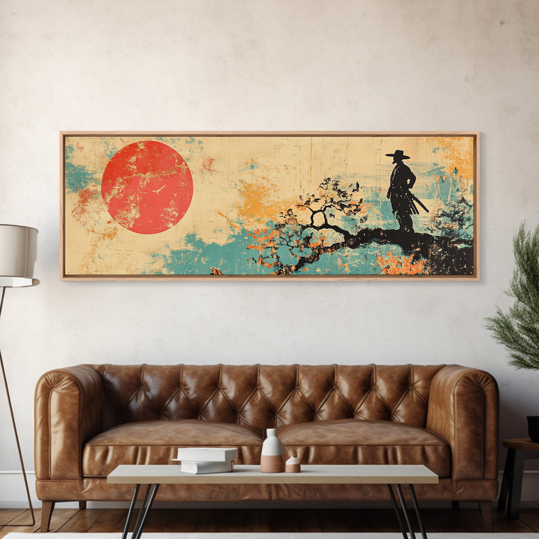 Samurai At Red Sun Wall Art, Japanese Warrior Silhouette Canvas, Asian Inspired Decor, Long Horizontal Zen Landscape Print