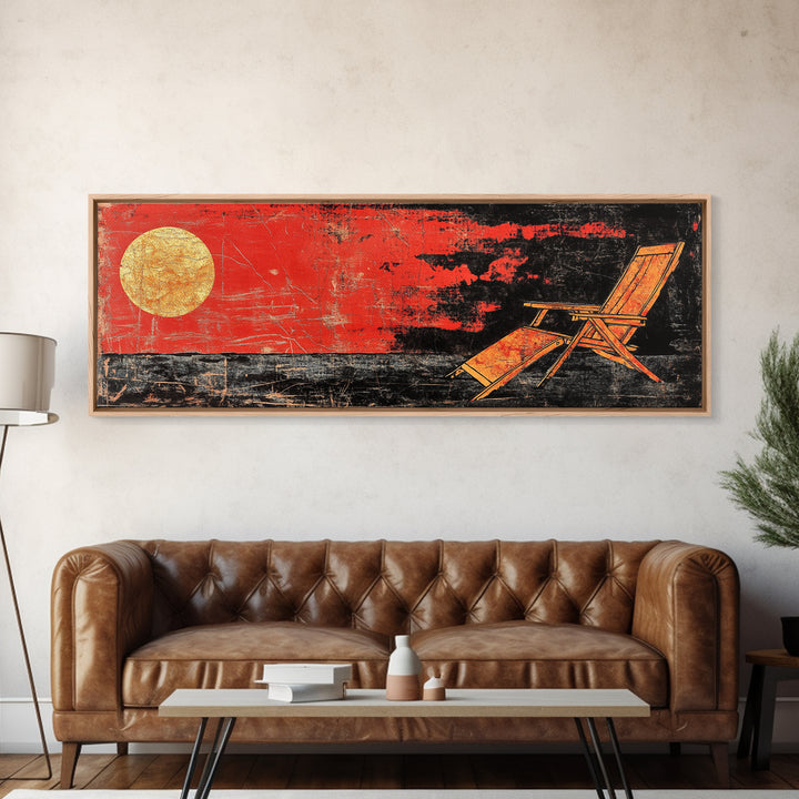 Red Sunset Beach Chair Wall Art, Coastal Lounge Canvas Print, Tropical Home Decor, Summer Ocean Poster For Living Room Decor
