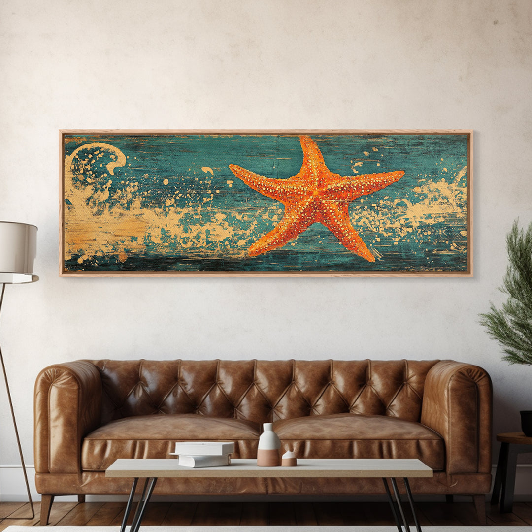 Orange Starfish Wave Wall Art, Coastal Beach Canvas Print, Nautical Bathroom Decor, Tropical Ocean Art For Beach House Decor