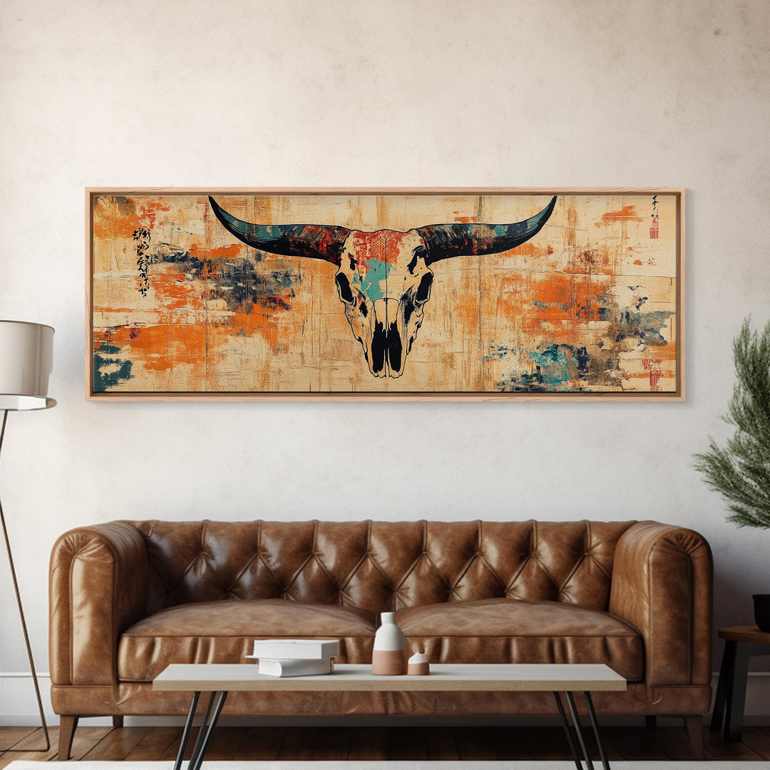 Longhorn Skull Wall Art, Western Rustic Canvas Print, Southwestern Cowboy Decor, Earth Tone Ranch Style Living Room Art Print