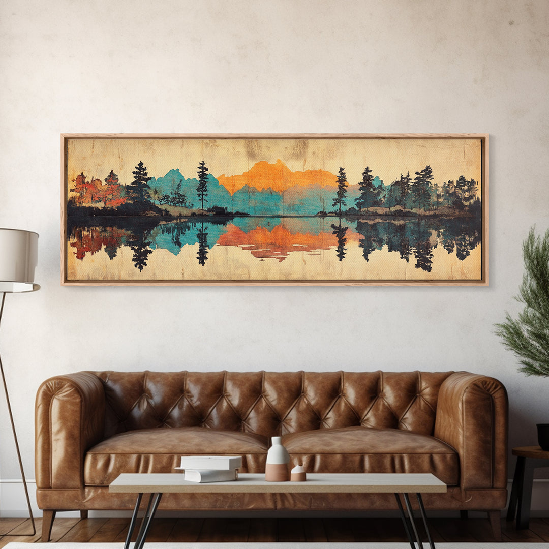 Mountain Lake Reflection Wall Art, Rustic Landscape Canvas Print, Cabin Home Decor, Panoramic Nature Art For Living Room