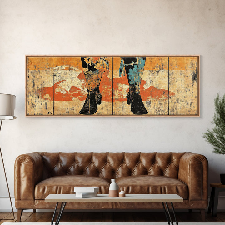Cowboy Boots And Hat Wall Art, Western Cowgirl Canvas Print, Rustic Ranch Home Decor, Long Horizontal Bedroom Wall Decor