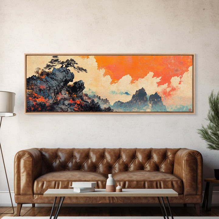Misty Asian Mountains Wall Art, Orange Sky Landscape Canvas Print, Japanese Zen Home Decor, Dramatic Nature Poster For Living Room