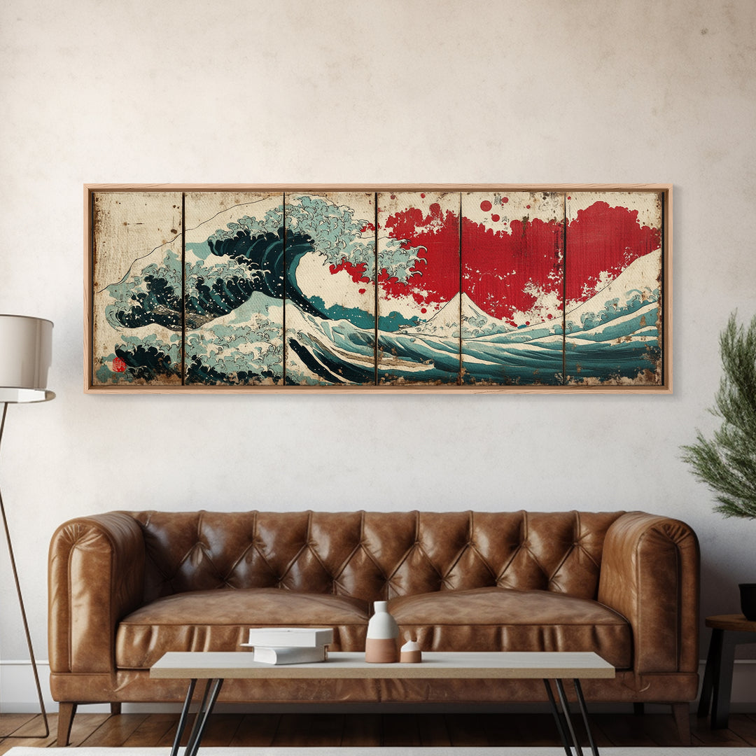 Great Wave Red Sun Wall Art, Japanese Ocean Canvas Print, Coastal Seascape Decor, Panoramic Wave Art Poster For Living Room
