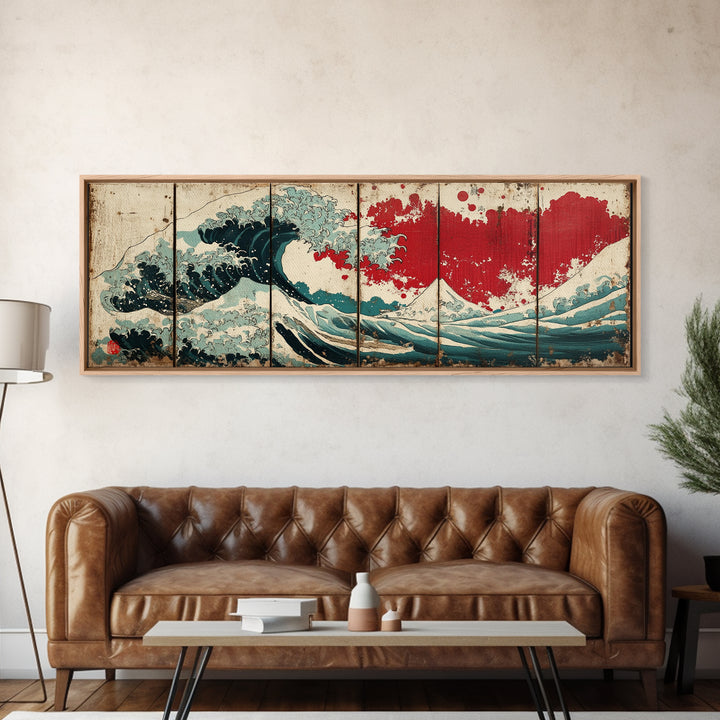 Great Wave Red Sun Wall Art, Japanese Ocean Canvas Print, Coastal Seascape Decor, Panoramic Wave Art Poster For Living Room