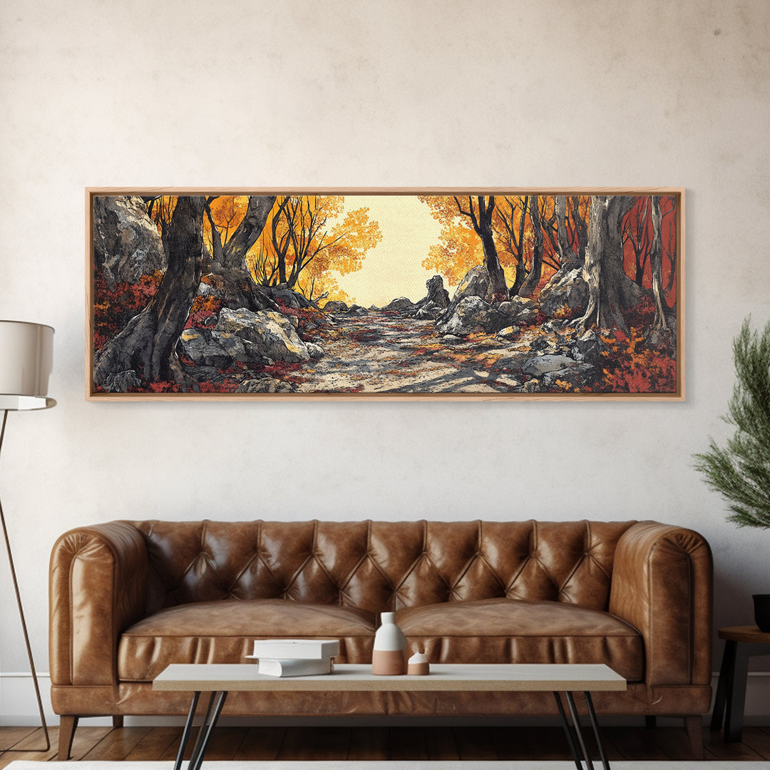 Autumn Forest Path Wall Art, Rustic Landscape Print, Long Horizontal Canvas, Cozy Cabin Decor, Warm Nature Art For Living Room