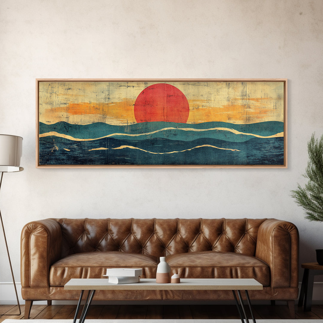 Abstract Ocean Waves Wall Art, Mid Century Coastal Print, Red Sun Seascape, Retro Minimalist Decor For Modern Living Room