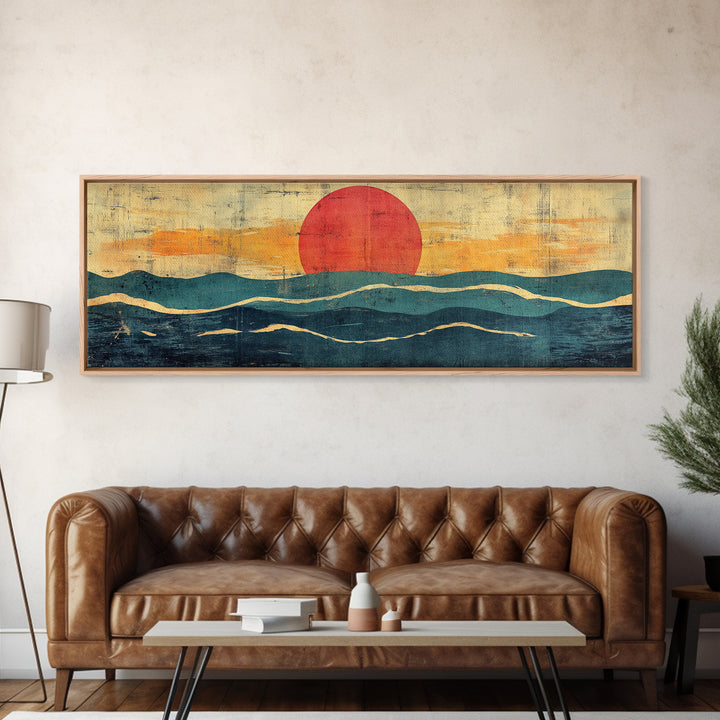 Abstract Ocean Waves Wall Art, Mid Century Coastal Print, Red Sun Seascape, Retro Minimalist Decor For Modern Living Room