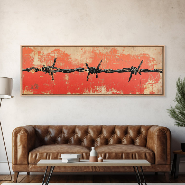 Barbed Wire Fence Wall Art, Western Rustic Print, Industrial Farmhouse Decor, Orange Grunge Canvas For Man Cave Or Office