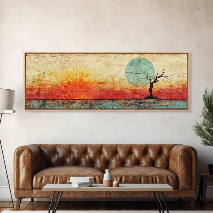 Lone Tree Sunrise Wall Art, Abstract Desert Landscape Print, Mid Century Wabi Sabi Decor, Warm Minimalist Canvas For Living Room