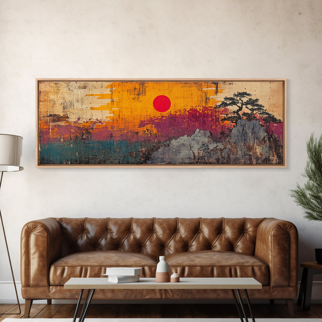 Abstract Mountain Sunset Canvas Print, Japanese Inspired Landscape Wall Art, Bold Orange Teal Decor, Modern Rustic Living Room Print