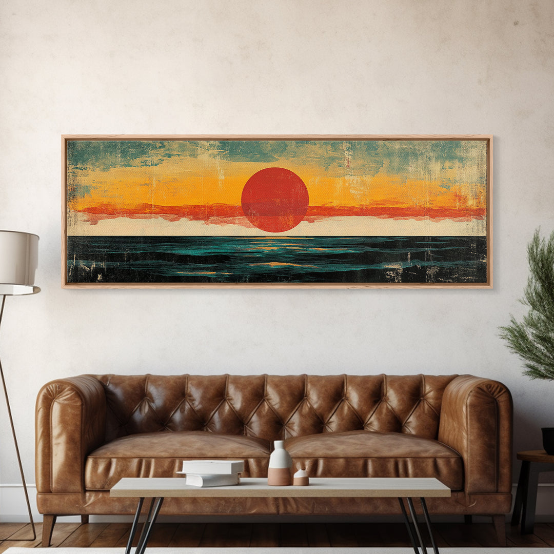 Minimalist Red Sun Ocean Wall Art, Abstract Coastal Landscape Print, Mid Century Modern Decor, Long Horizontal Canvas For Bedroom