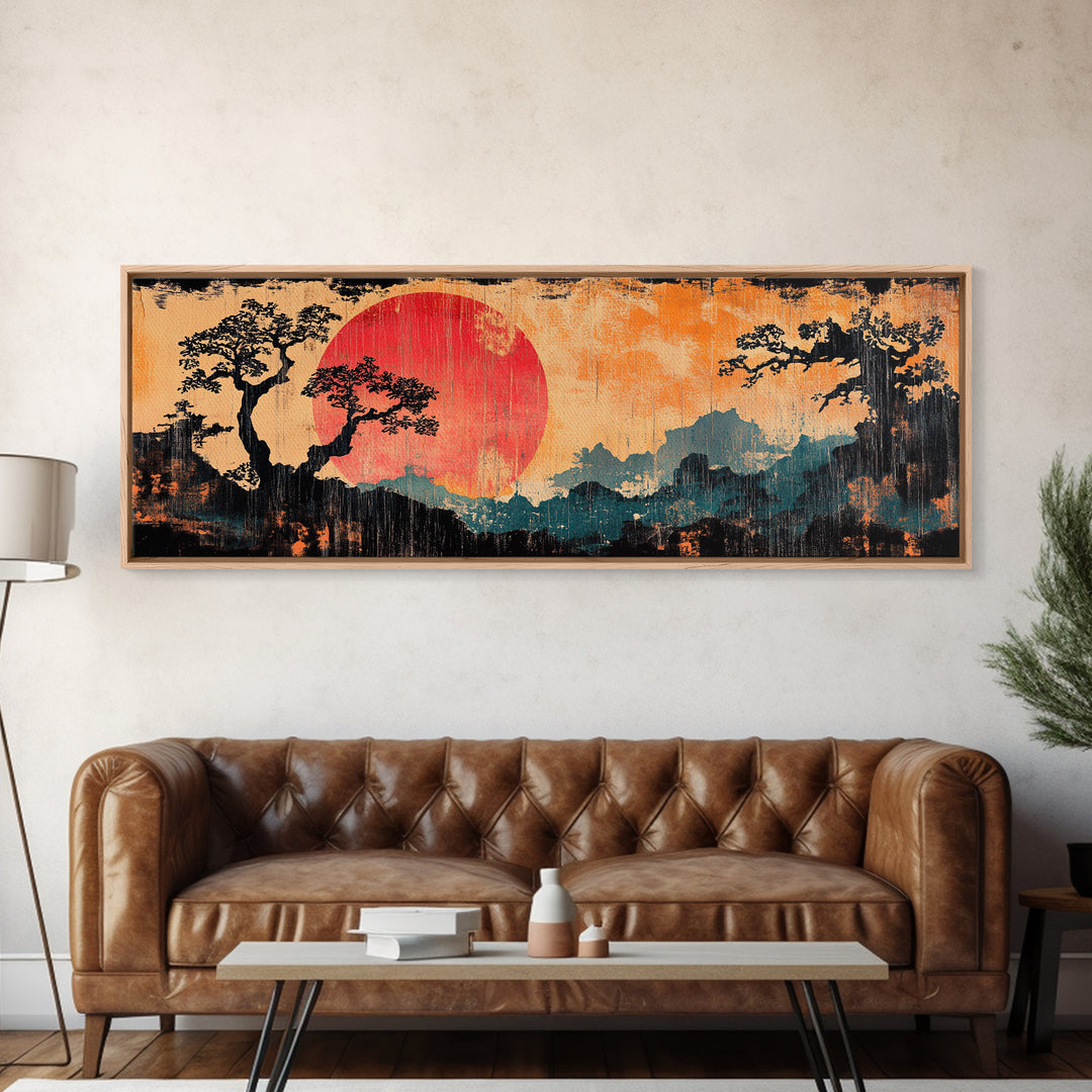 Crimson Sun Behind Misty Mountains Wall Art, Japanese Landscape Canvas Print, Pine Forest Decor, Panoramic Living Room Art