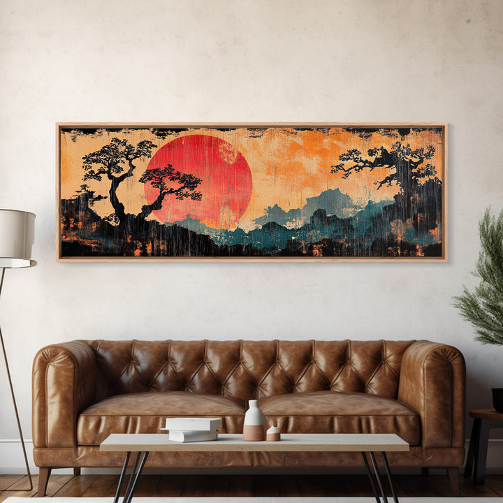 Crimson Sun Behind Misty Mountains Wall Art, Japanese Landscape Canvas Print, Pine Forest Decor, Panoramic Living Room Art