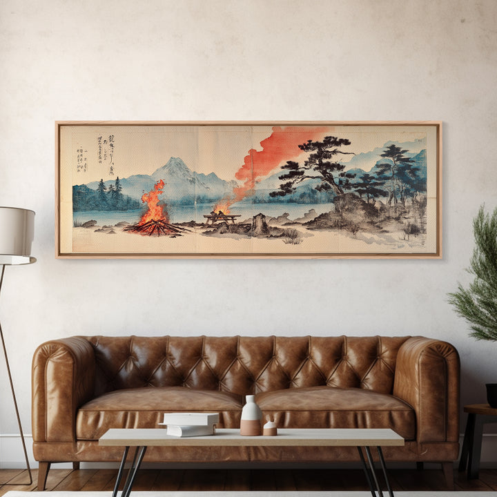 Mountain Campfire By Quiet Lake Wall Art, Japanese Landscape Canvas Print, Zen Nature Decor, Rustic Cabin Home Office Art