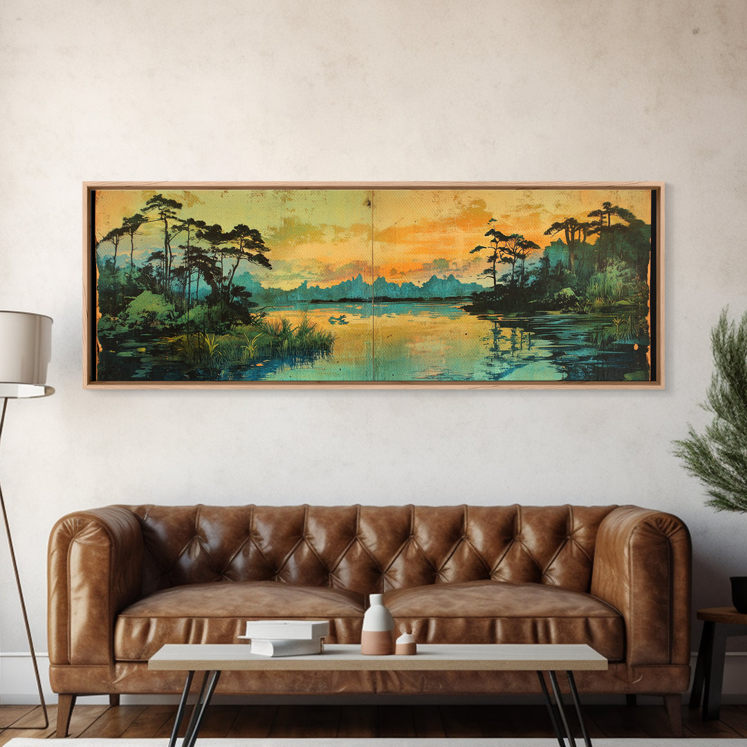 Golden Marsh At Sunset Wall Art, Cypress Lake Landscape Canvas Print, Moody Nature Decor, Large Panoramic Living Room Art