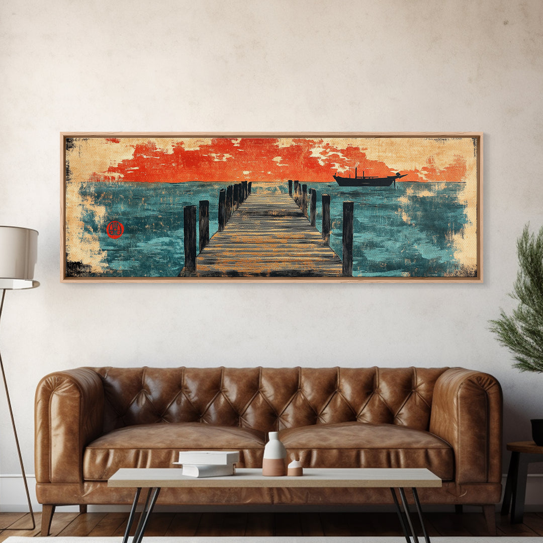 Weathered Pier And Red Sky Wall Art, Japanese Coastal Canvas Print, Ocean Sunset Decor, Large Horizontal Nautical Living Room Art