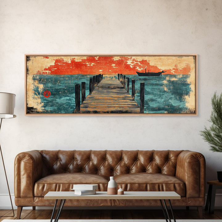 Weathered Pier And Red Sky Wall Art, Japanese Coastal Canvas Print, Ocean Sunset Decor, Large Horizontal Nautical Living Room Art