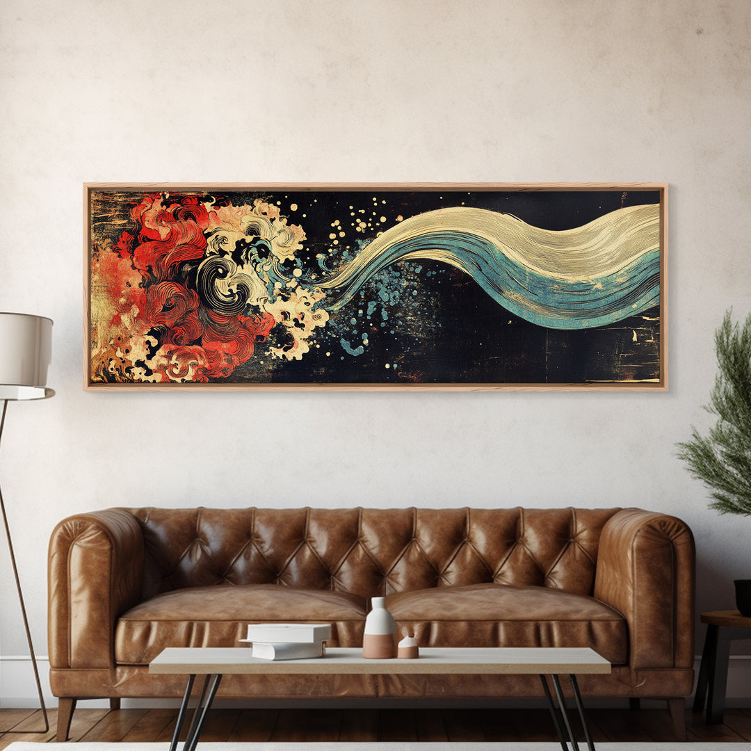 Abstract Red Wave And Flowing Tide Wall Art, Japanese Ocean Canvas Print, Koi Inspired Decor, Contemporary Large Wall Art