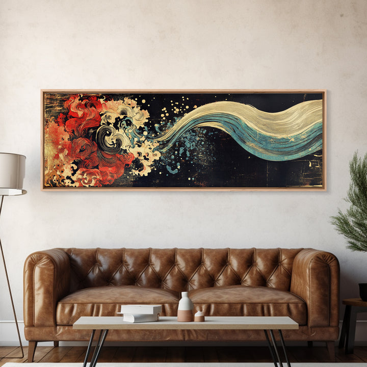 Abstract Red Wave And Flowing Tide Wall Art, Japanese Ocean Canvas Print, Koi Inspired Decor, Contemporary Large Wall Art