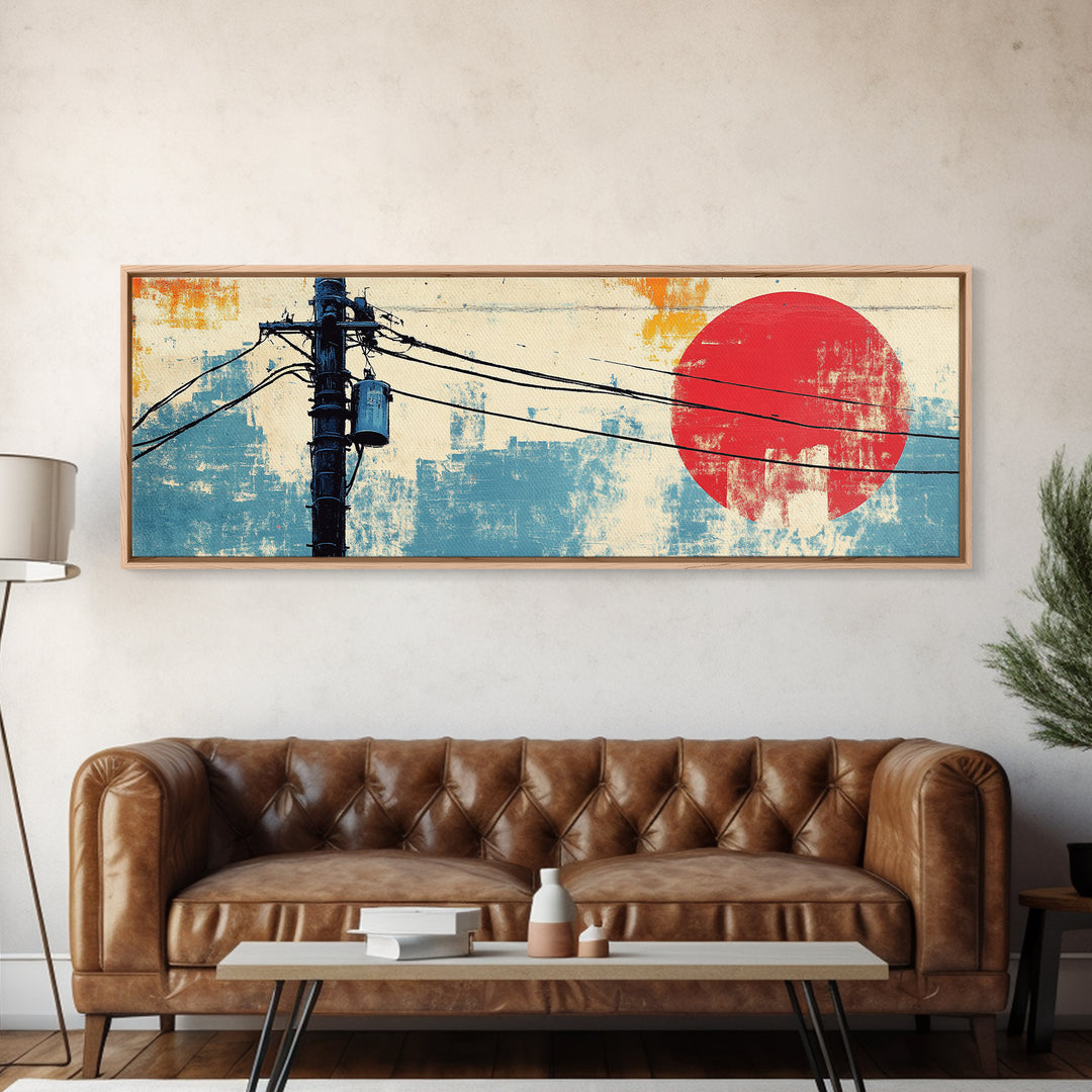 Weathered Utility Pole With Red Sun Canvas Print, Japanese Wall Art, Urban Industrial Decor, Long Horizontal Living Room Art