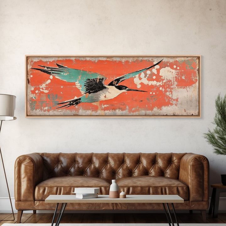 Graceful Teal Crane In Flight Wall Art, Japanese Bird Print, Coastal Wildlife Decor, Long Horizontal Canvas For Living Room