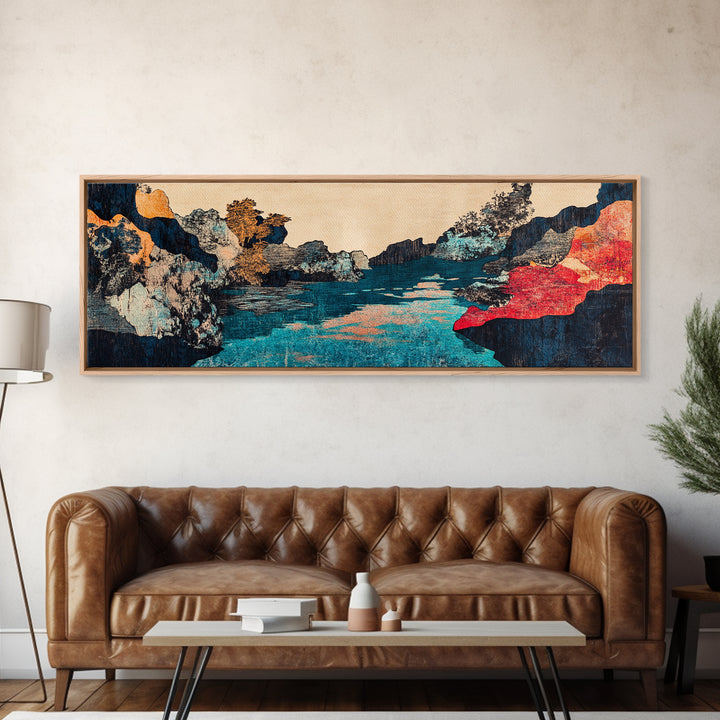 Turquoise River Canyon With Red Cliffs Canvas Print, Japanese Landscape Wall Art, Moody Nature Decor For Living Room And Office