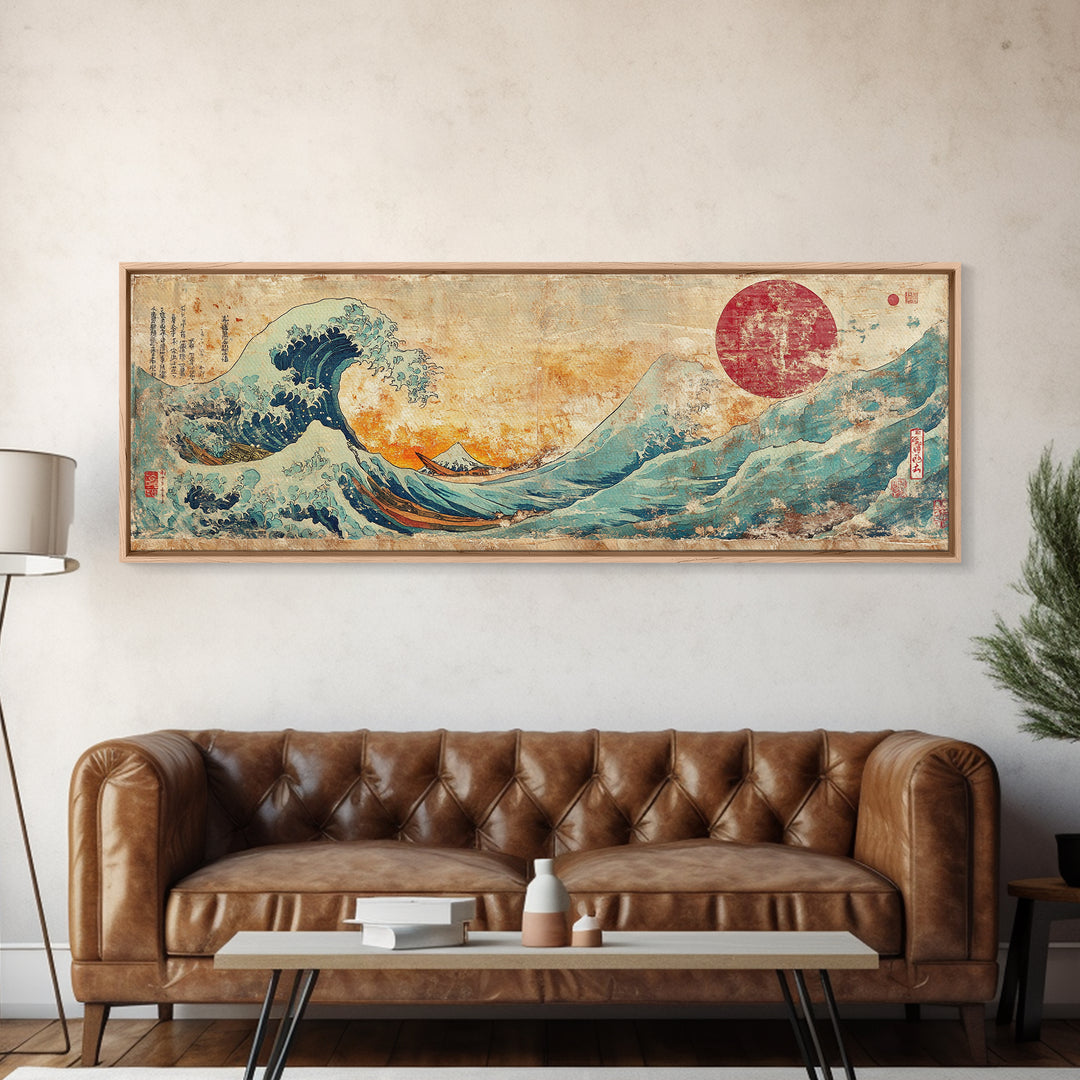 Cresting Blue Wave And Red Sun Framed Canvas Print, Japanese Seascape Wall Art, Coastal Decor For Living Room And Bedroom