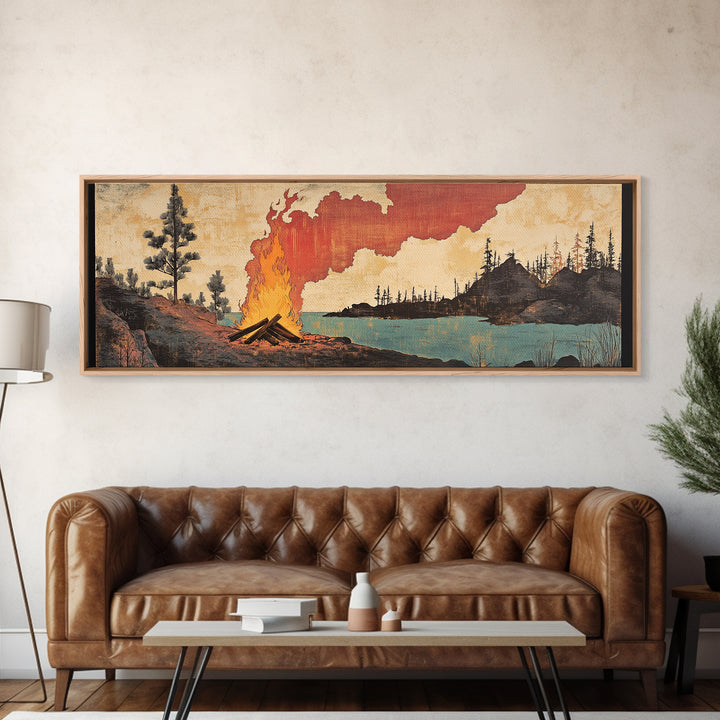 Lakeside Campfire With Red Smoke Canvas Print, Rustic Japanese Landscape Wall Art, Cabin Decor For Living Room And Office