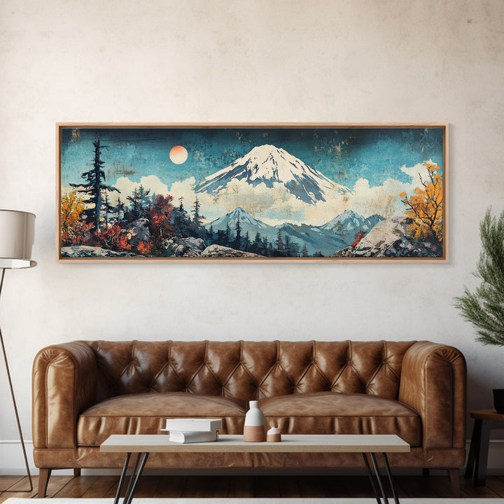 Snowy Mount Fuji With Moonlit Forest Framed Canvas Print, Japanese Mountain Wall Art, Winter Landscape Living Room Decor