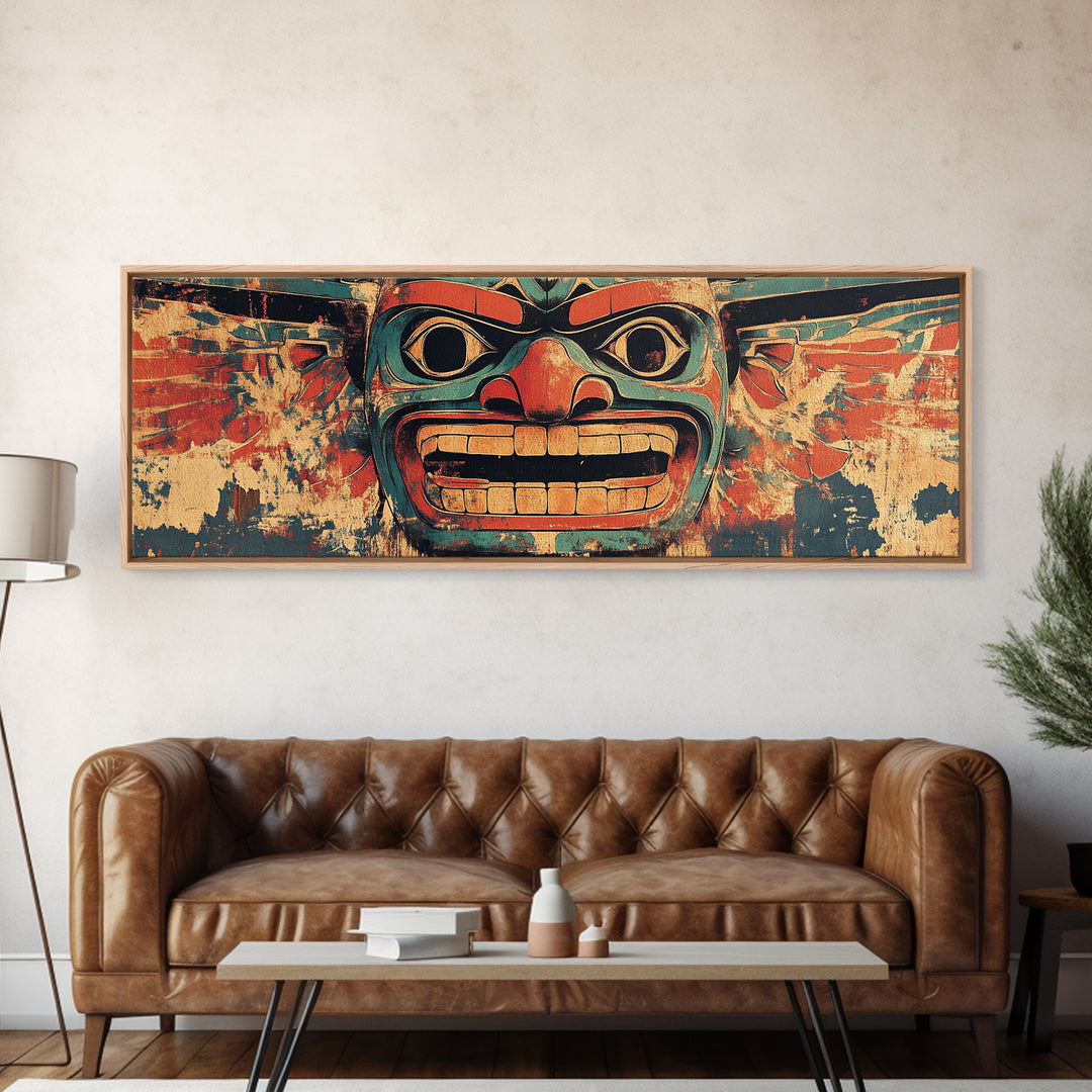 Bold Tribal Mask Framed Canvas Print, Indigenous Wall Art, Ethnic Home Decor, Pacific Northwest Style, Statement Artwork