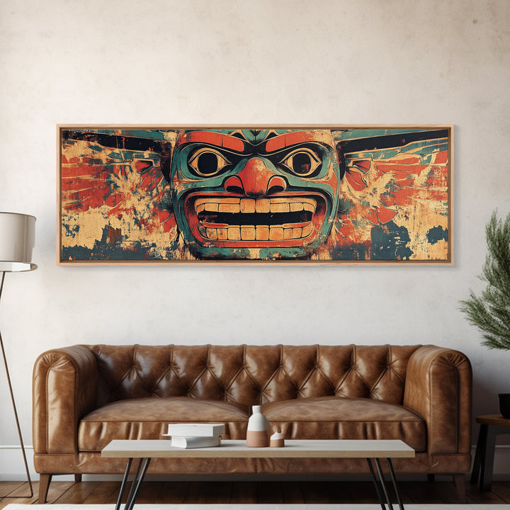 Bold Tribal Mask Framed Canvas Print, Indigenous Wall Art, Ethnic Home Decor, Pacific Northwest Style, Statement Artwork
