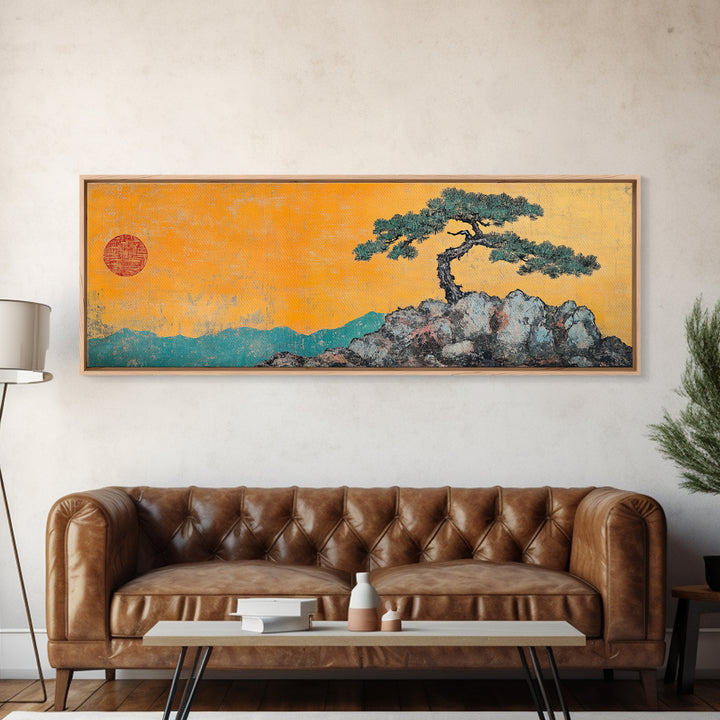 Solitary Pine Tree Canvas Print, Japanese Landscape Wall Art, Zen Home Decor, Japandi Wall Decor, Calming Nature Art Print