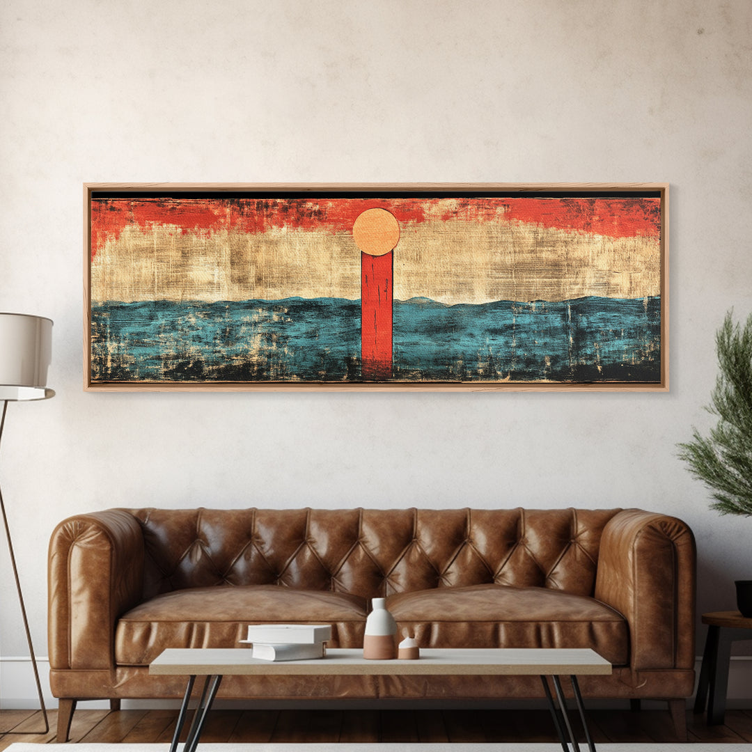 Minimal Red Sun Over Waves Canvas Print, Japanese Seascape Wall Art, Coastal Decor, Abstract Ocean Art, Japandi Home Decor