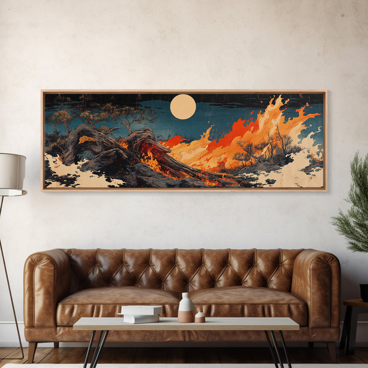 Fiery Dragon Wave Framed Canvas Print, Japanese Fantasy Wall Art, Dark Ocean Decor, Mythical Creature Art, Statement Artwork