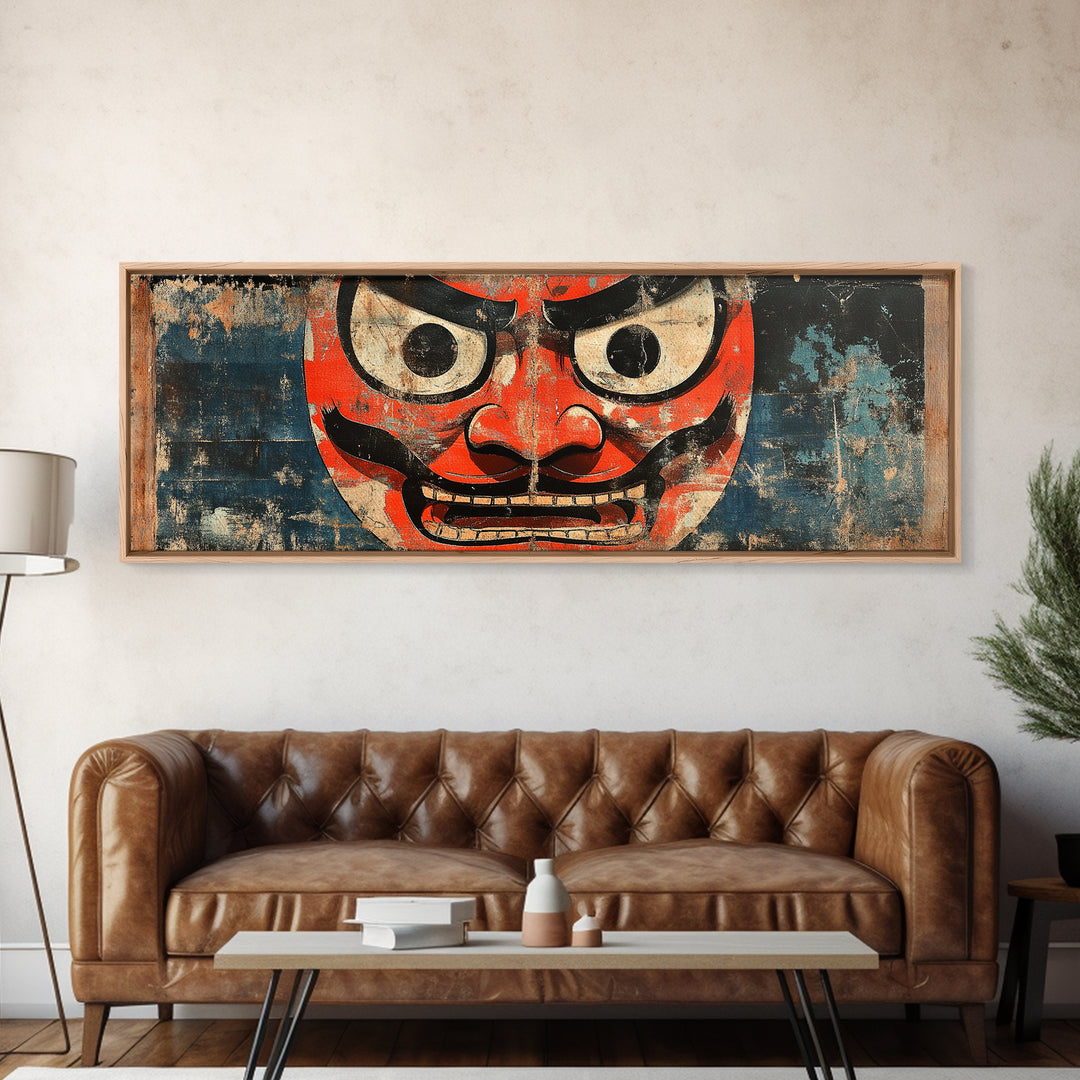 Red Oni Mask Wall Art, Japanese Framed Canvas Print, Asian Inspired Decor, Bold Folk Art, Dramatic Statement Artwork Gift