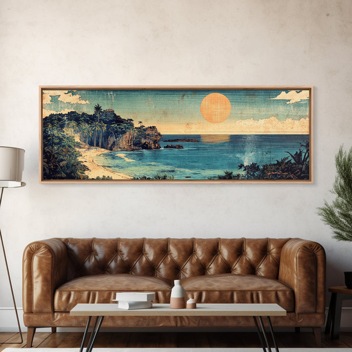 Tropical Ocean Cove Sunset Wall Art, Panoramic Coastal Canvas Print, Beach House Decor, Nautical Living Room Wall Art Print