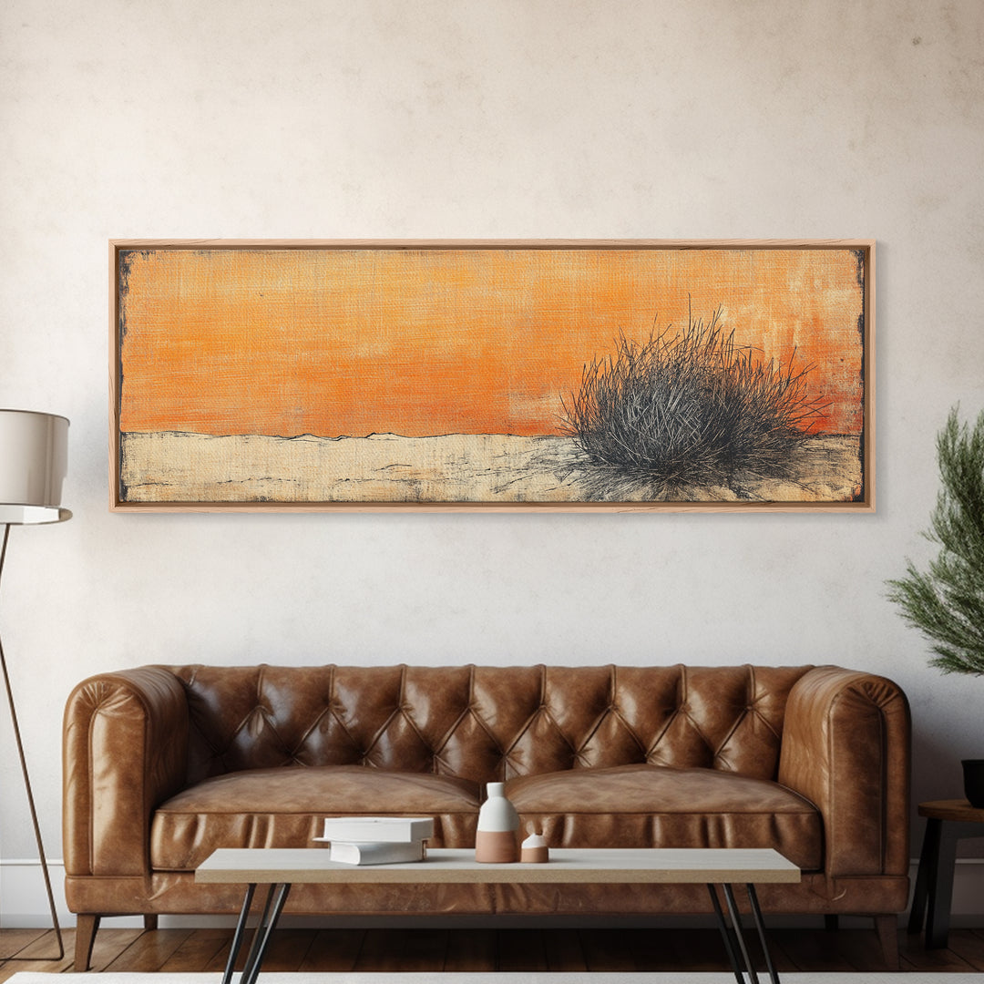 Minimal Desert Tumbleweed Orange Sky Wall Art, Neutral Landscape Canvas Print, Rustic Southwestern Decor, Calm Bedroom Art