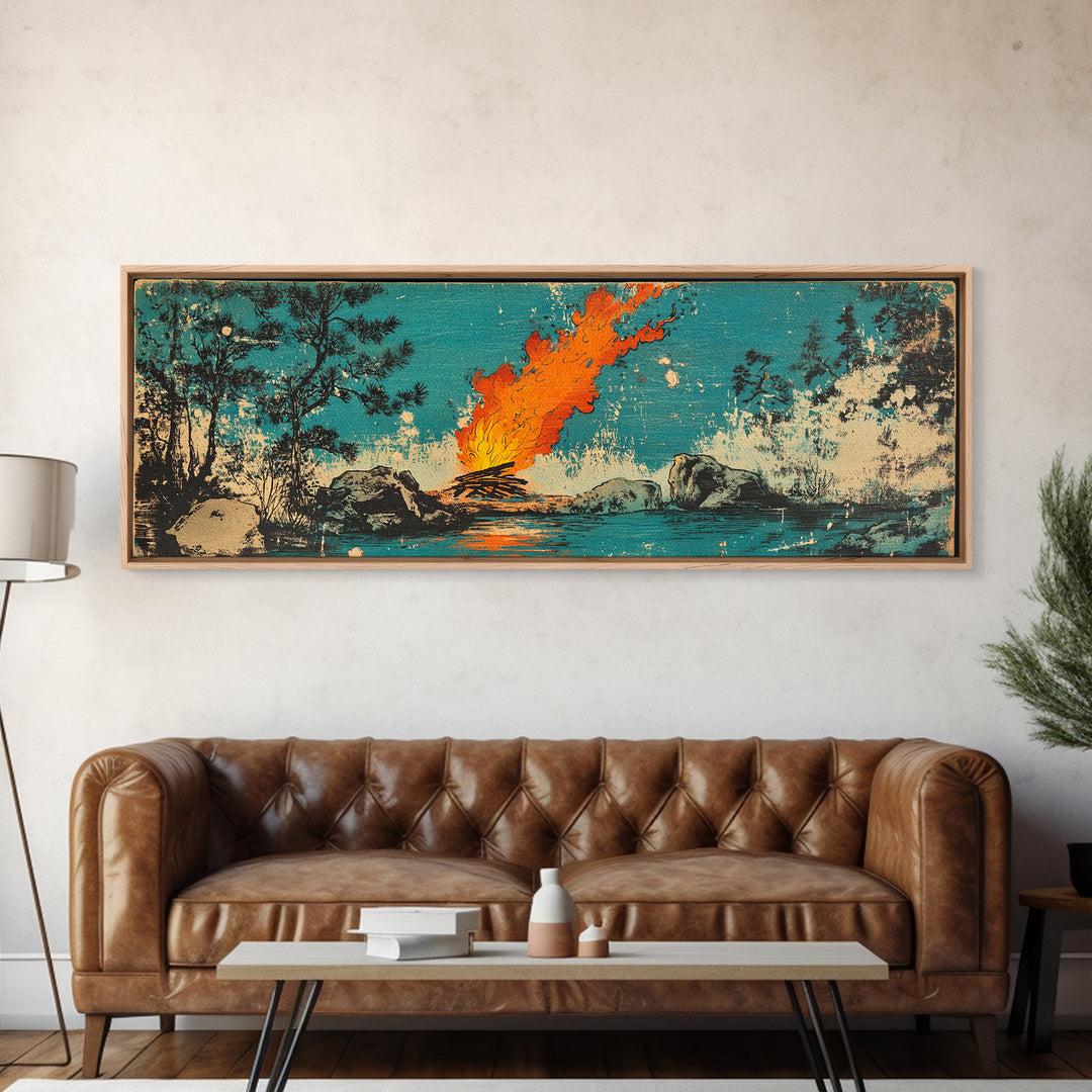 Campfire By River In Teal Forest Wall Art, Rustic Nature Canvas Print, Cozy Cabin Decor, Outdoor Adventure Wall Decor, Living Room Art