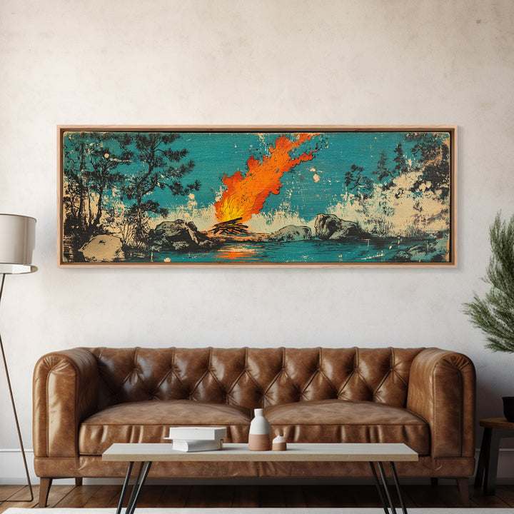 Campfire By River In Teal Forest Wall Art, Rustic Nature Canvas Print, Cozy Cabin Decor, Outdoor Adventure Wall Decor, Living Room Art