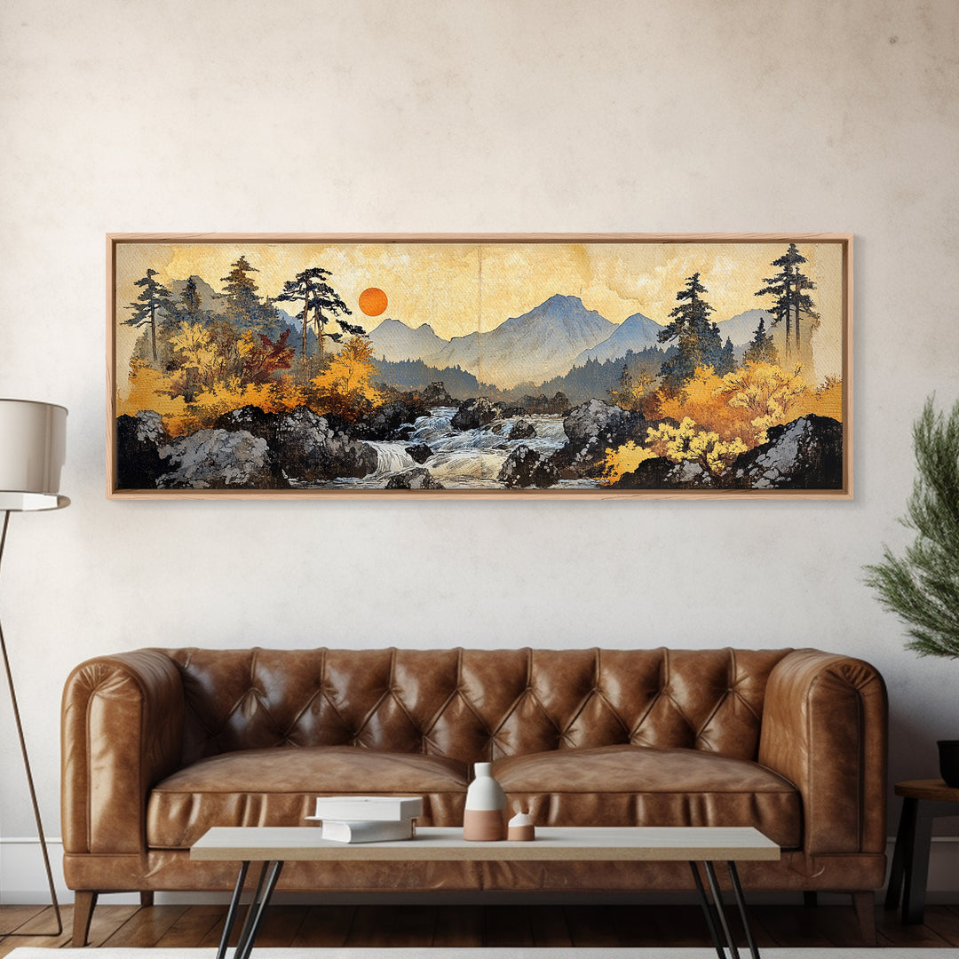 Autumn Mountain River Sunrise Wall Art, Panoramic Landscape Canvas Print, Rustic Cabin Decor, Large Nature Living Room Art