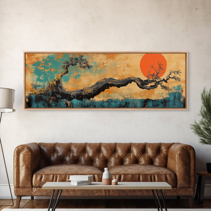 Twisted Bonsai Tree With Red Sun Wall Art, Japanese Landscape Canvas Print, Japandi Asian Decor For Modern Living Room Home Decor