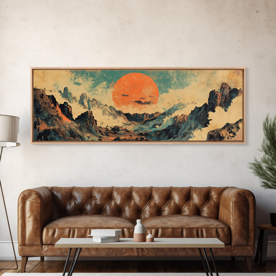 Abstract Mountain Valley With Orange Sun Wall Art, Modern Landscape Canvas Print, Japandi Earth Tone Living Room Home Decor