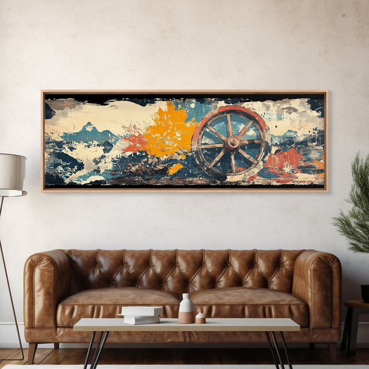 Rustic Wagon Wheel Against Painted Sky Wall Art, Western Canvas Print, Farmhouse Country Decor For Living Room Home Decor